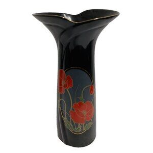 Vintage 70s Fine China Black Elegance Asian Vase With Red Poppy Flowers Japan